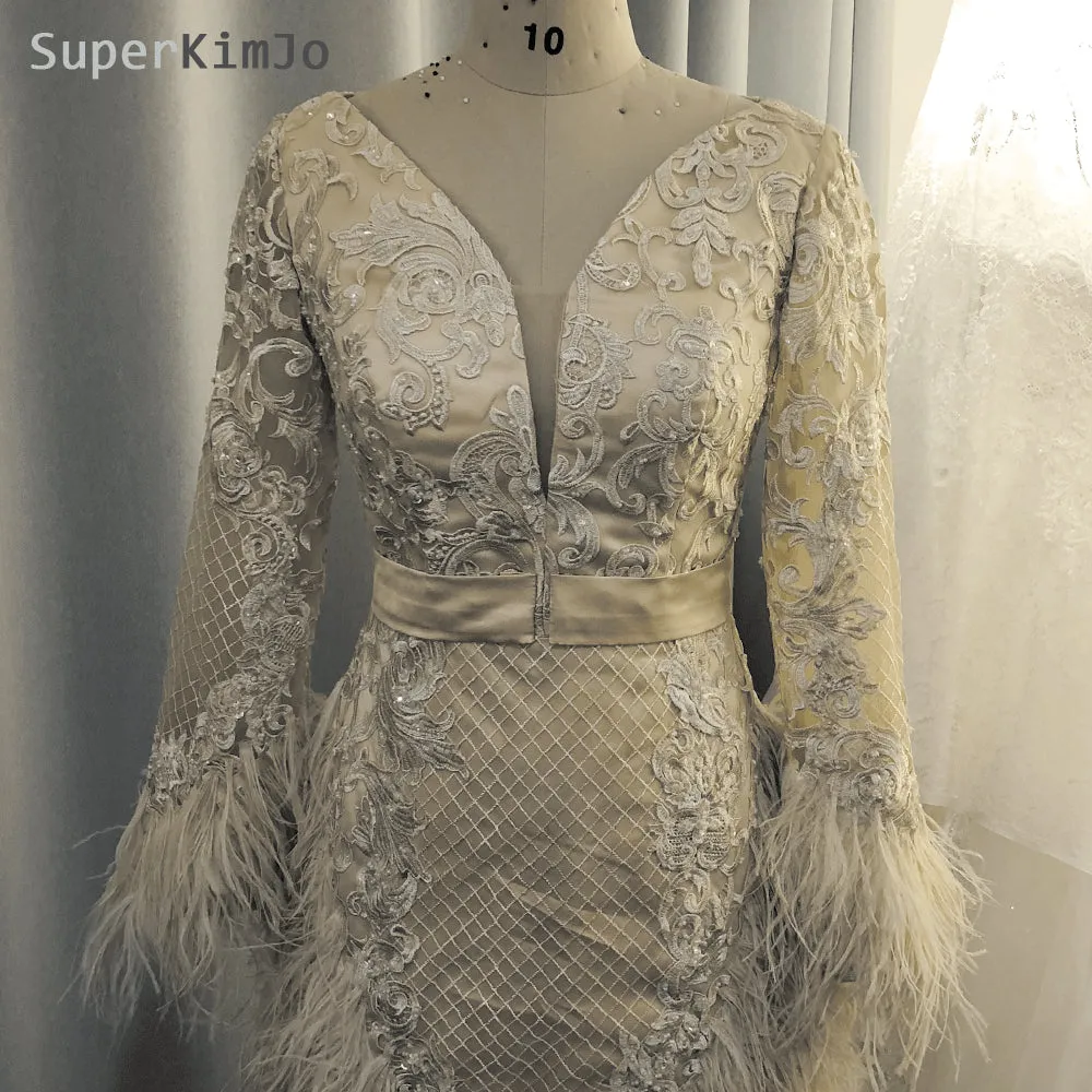 feather evening dresses short 2020 lace appliqué champagne mermaid elegant evening gown formal dress