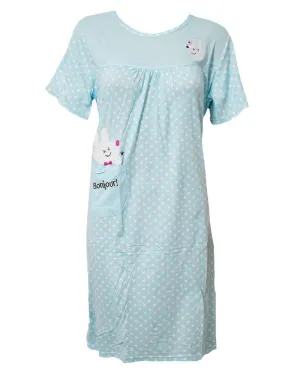Firozi Long Nighty White Dotted & Side Pocket 103 -  Women Nightdress