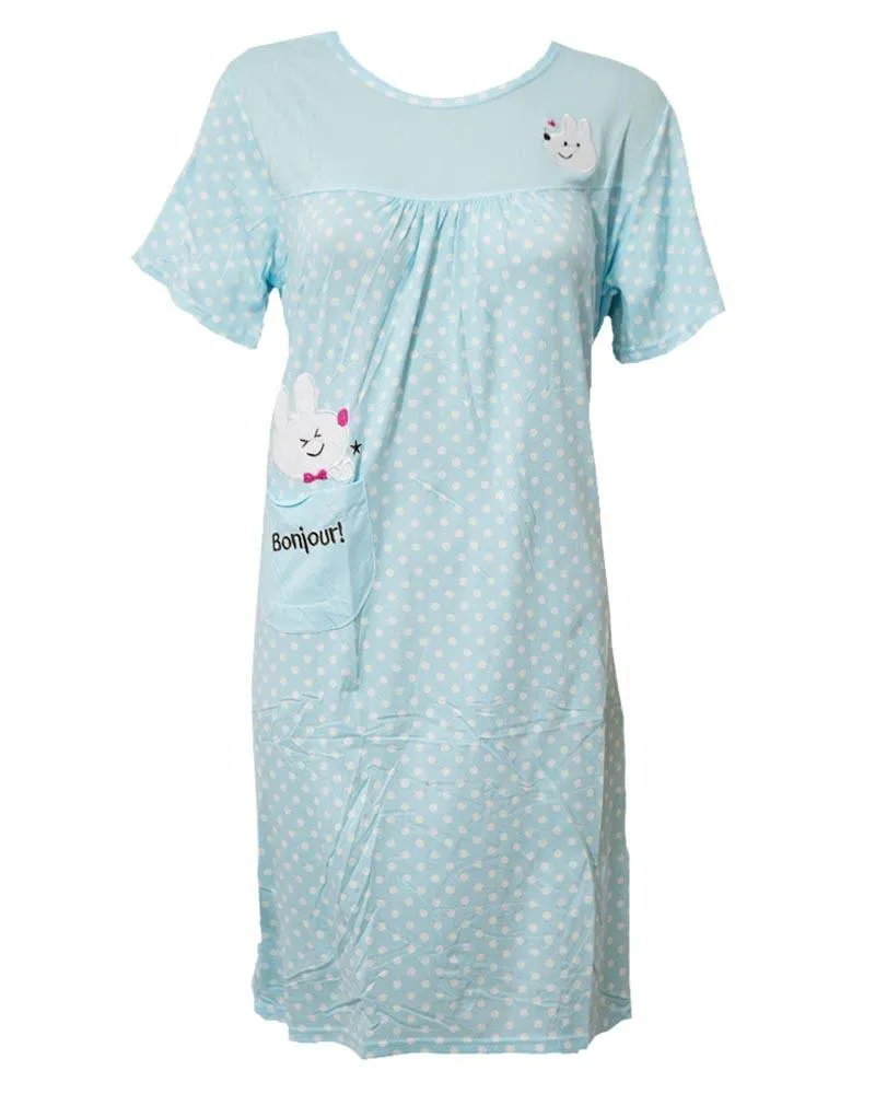 Firozi Long Nighty White Dotted & Side Pocket 103 -  Women Nightdress