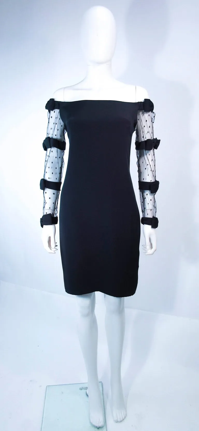 FRED HAYMAN Beverly Hills Black Silk Cocktail Dress Polka Dot Mesh Sleeves 2-4