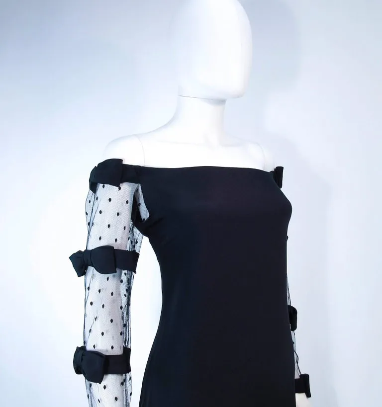 FRED HAYMAN Beverly Hills Black Silk Cocktail Dress Polka Dot Mesh Sleeves 2-4