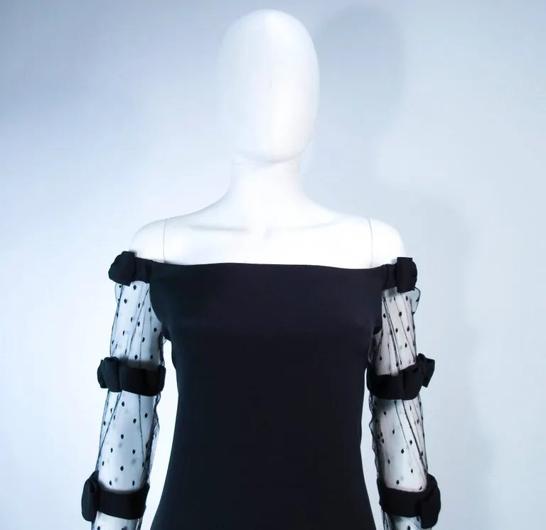 FRED HAYMAN Beverly Hills Black Silk Cocktail Dress Polka Dot Mesh Sleeves 2-4