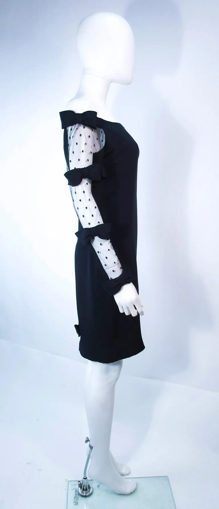 FRED HAYMAN Beverly Hills Black Silk Cocktail Dress Polka Dot Mesh Sleeves 2-4