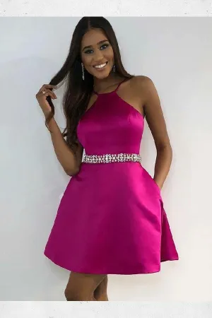 Fuchsia Satin Short Homecoming Dress with Rhinestones Belt