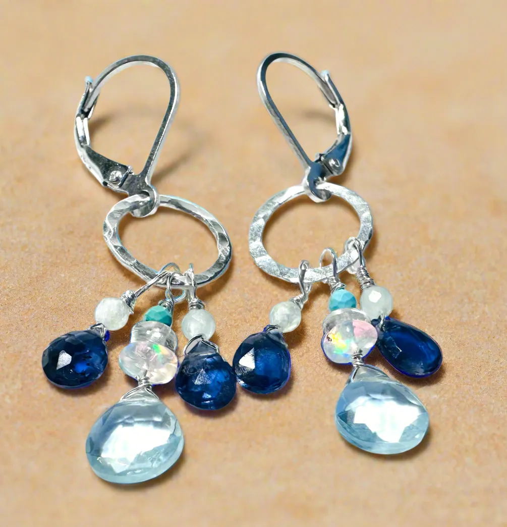 Gemstone Teardrop Silver Circle Earrings