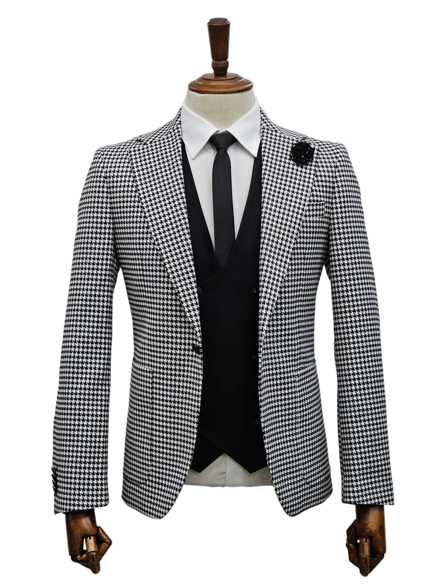 Giovanni Testi 1 Button 3 piece Hounds tooth Suit GT1N V-7009 BLK/WHITE