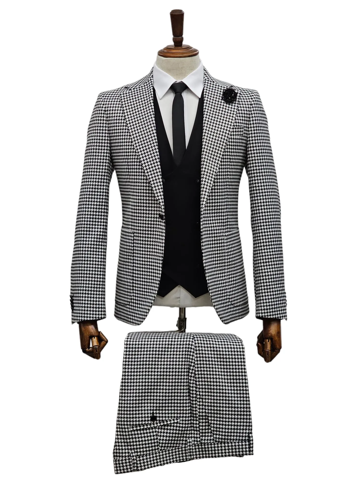 Giovanni Testi 1 Button 3 piece Hounds tooth Suit GT1N V-7009 BLK/WHITE