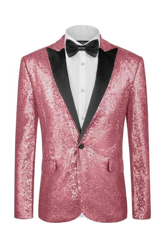 Glitter Pink Sequins Black Peaked Lapel Prom Suits Bestmen Tuxedo One Button