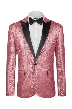 Glitter Pink Sequins Black Peaked Lapel Prom Suits Bestmen Tuxedo One Button