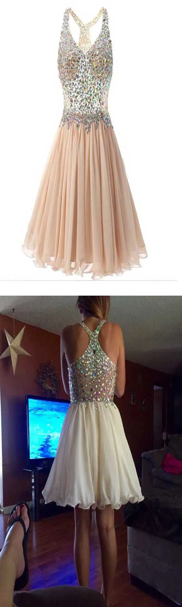 Gorgeous Sparkle Top Chiffon Open Back Homecoming Dresses, BG51456
