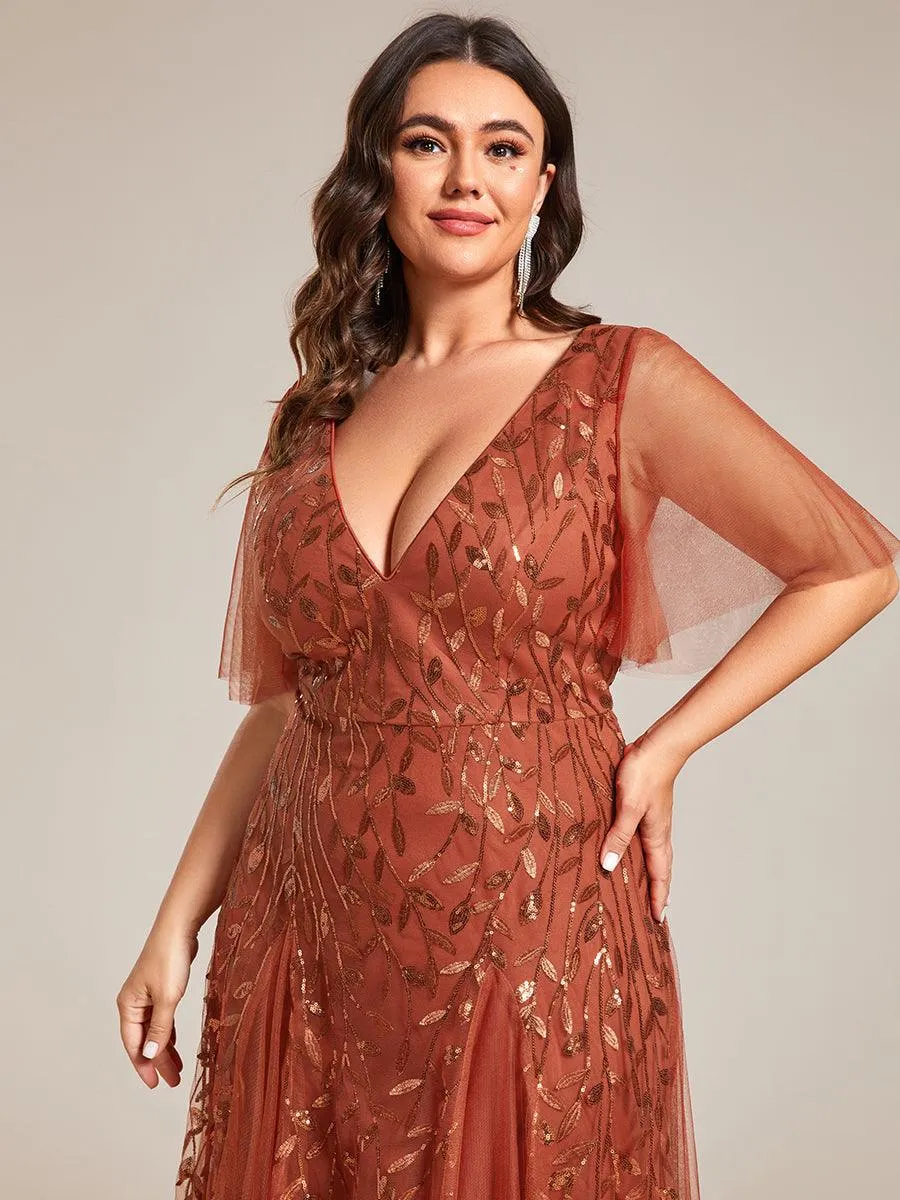 Grande Taille Robe de Soirée Longue Romantique et Scintillante à Col V et Pailletes