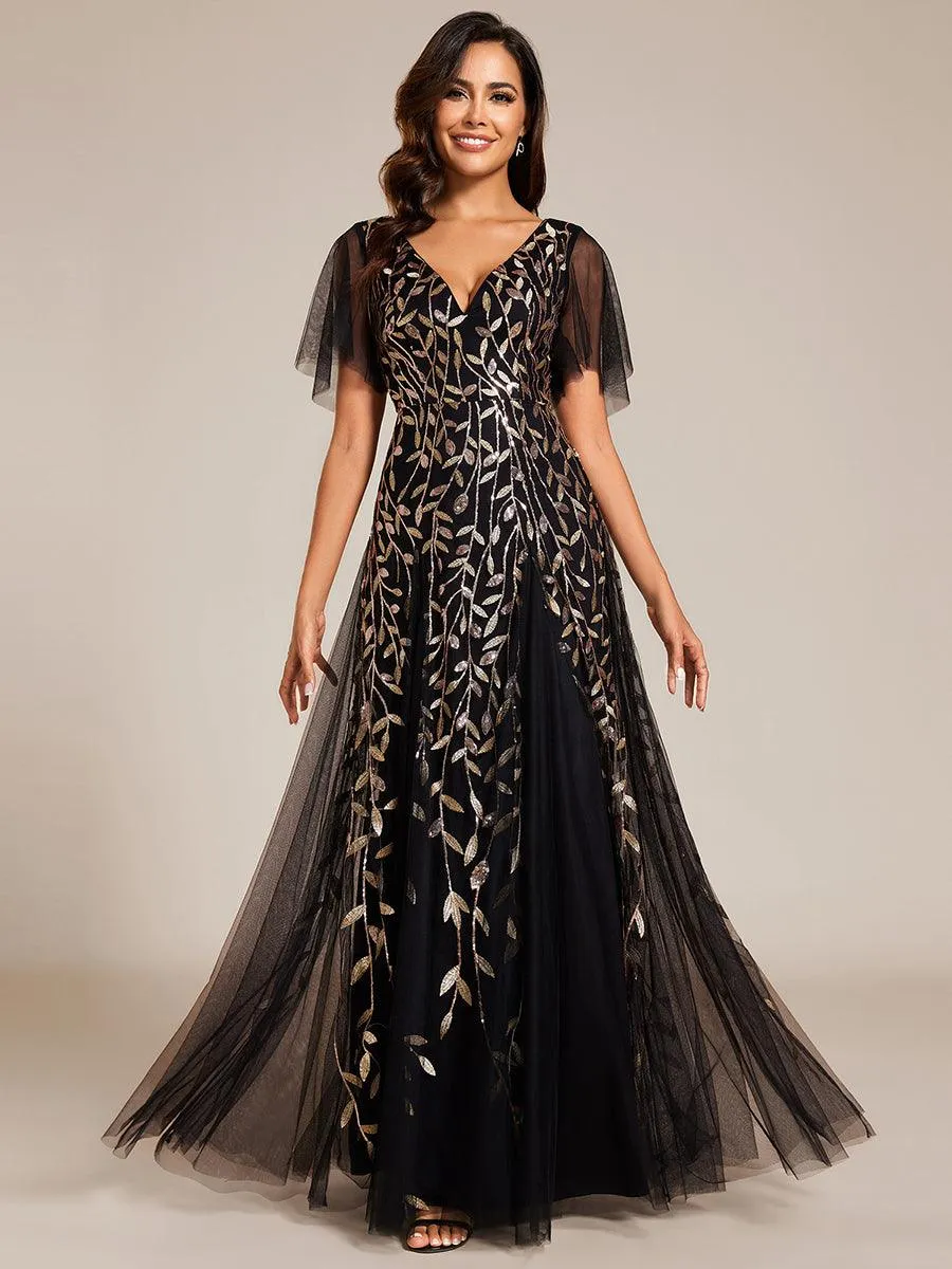 Grande Taille Robe de Soirée Longue Romantique et Scintillante à Col V et Pailletes