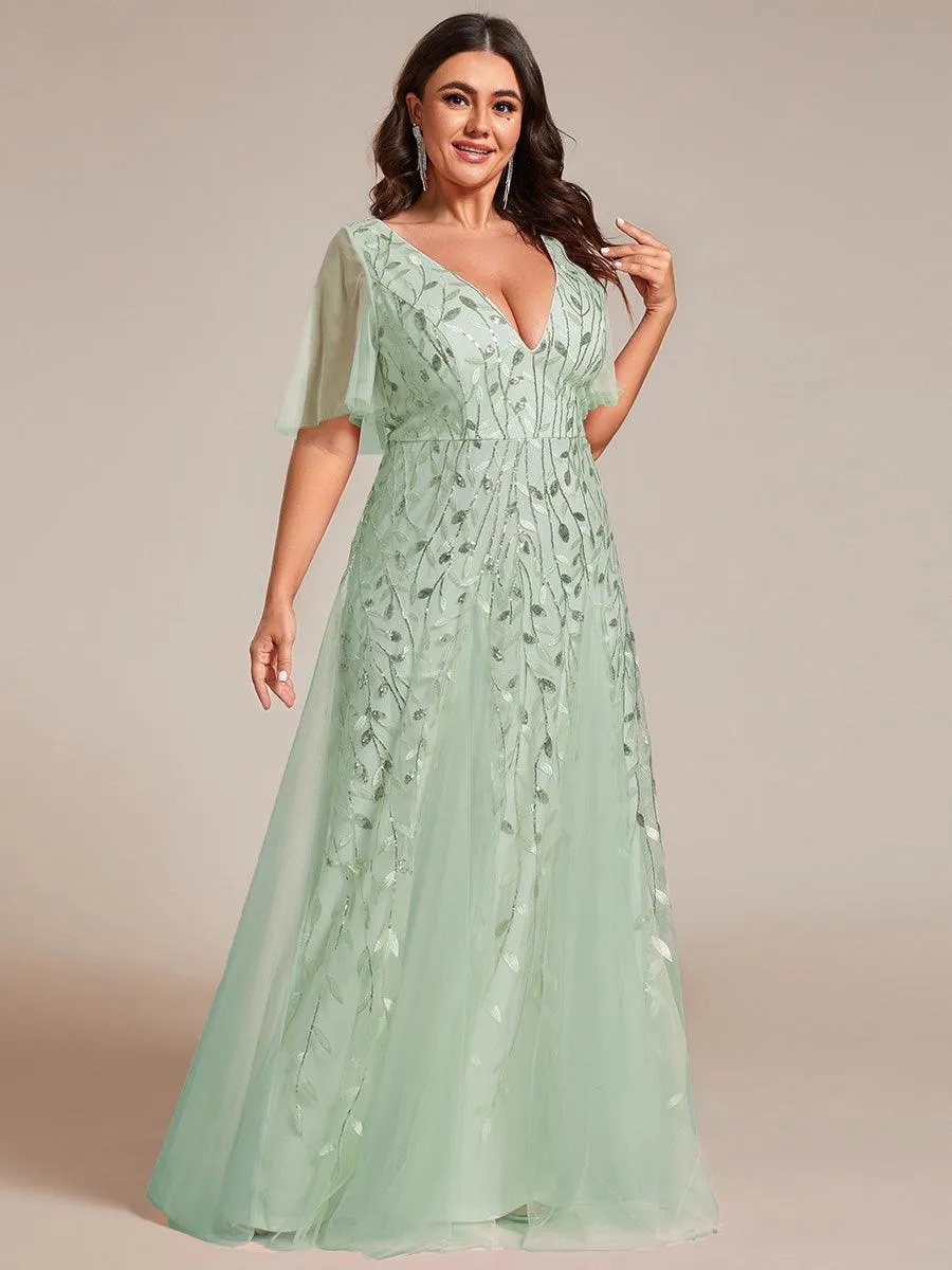 Grande Taille Robe de Soirée Longue Romantique et Scintillante à Col V et Pailletes