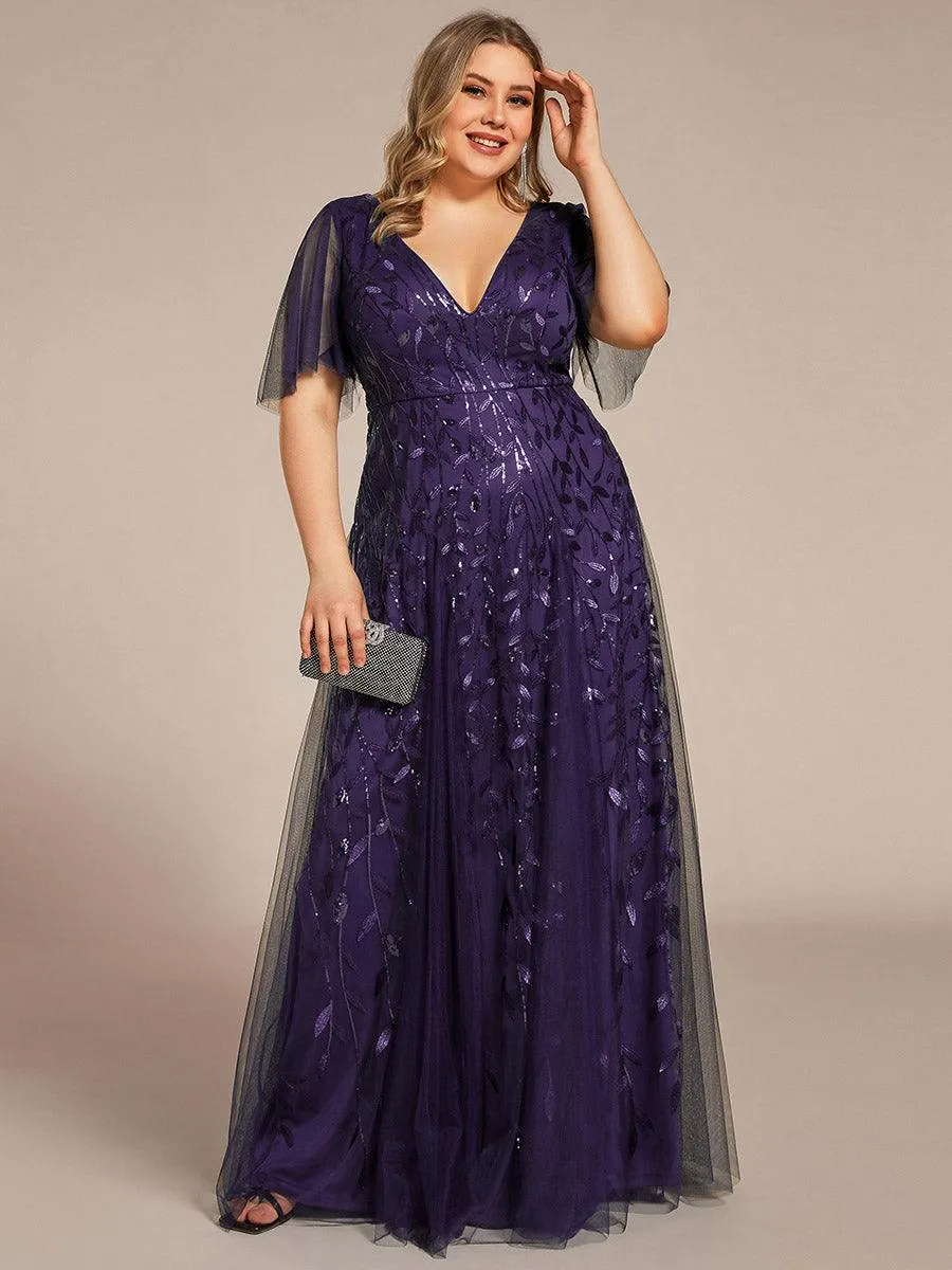 Grande Taille Robe de Soirée Longue Romantique et Scintillante à Col V et Pailletes