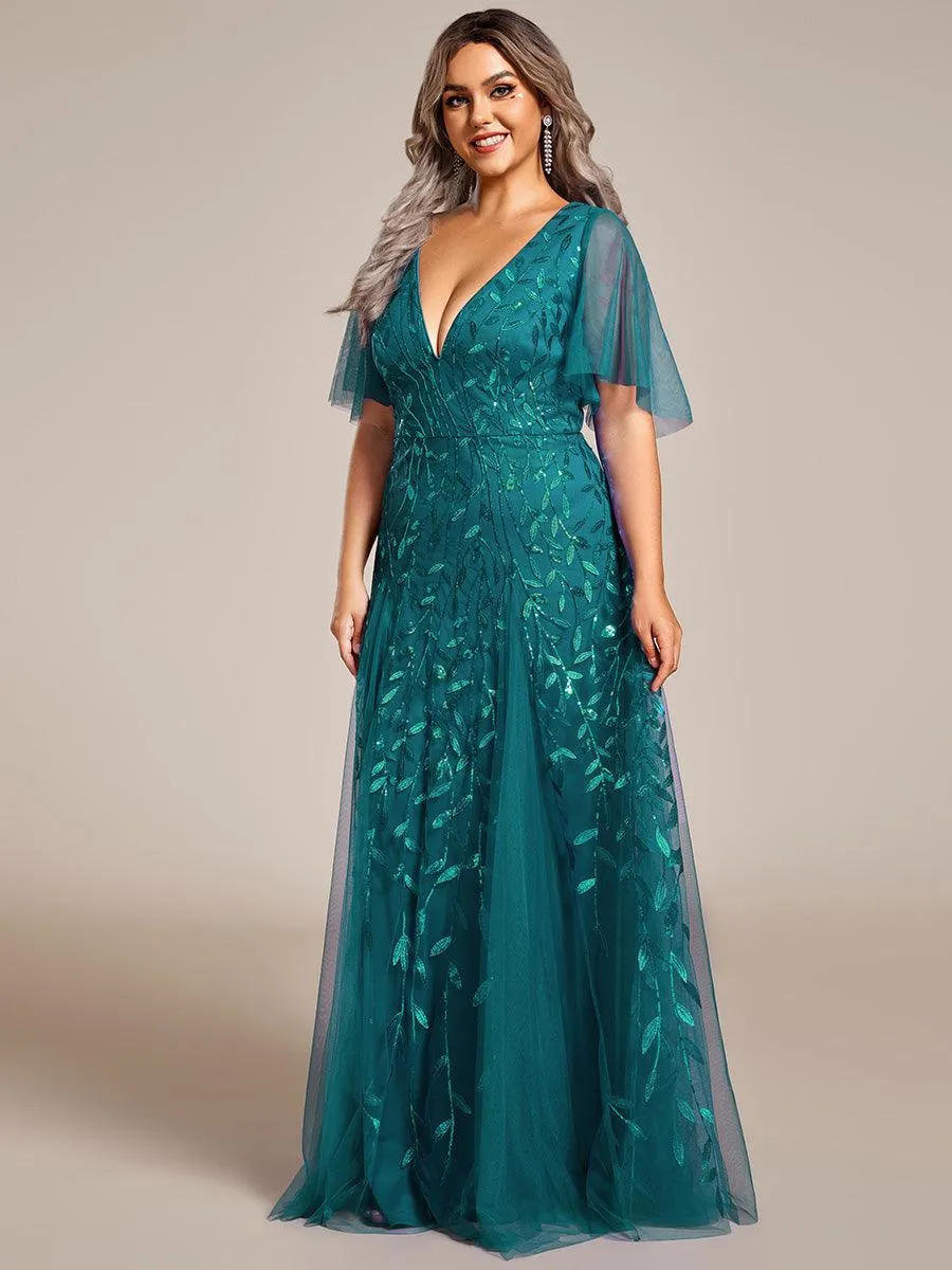 Grande Taille Robe de Soirée Longue Romantique et Scintillante à Col V et Pailletes