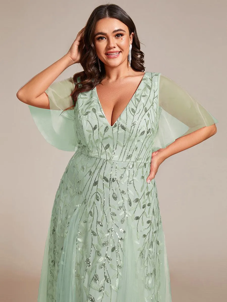 Grande Taille Robe de Soirée Longue Romantique et Scintillante à Col V et Pailletes