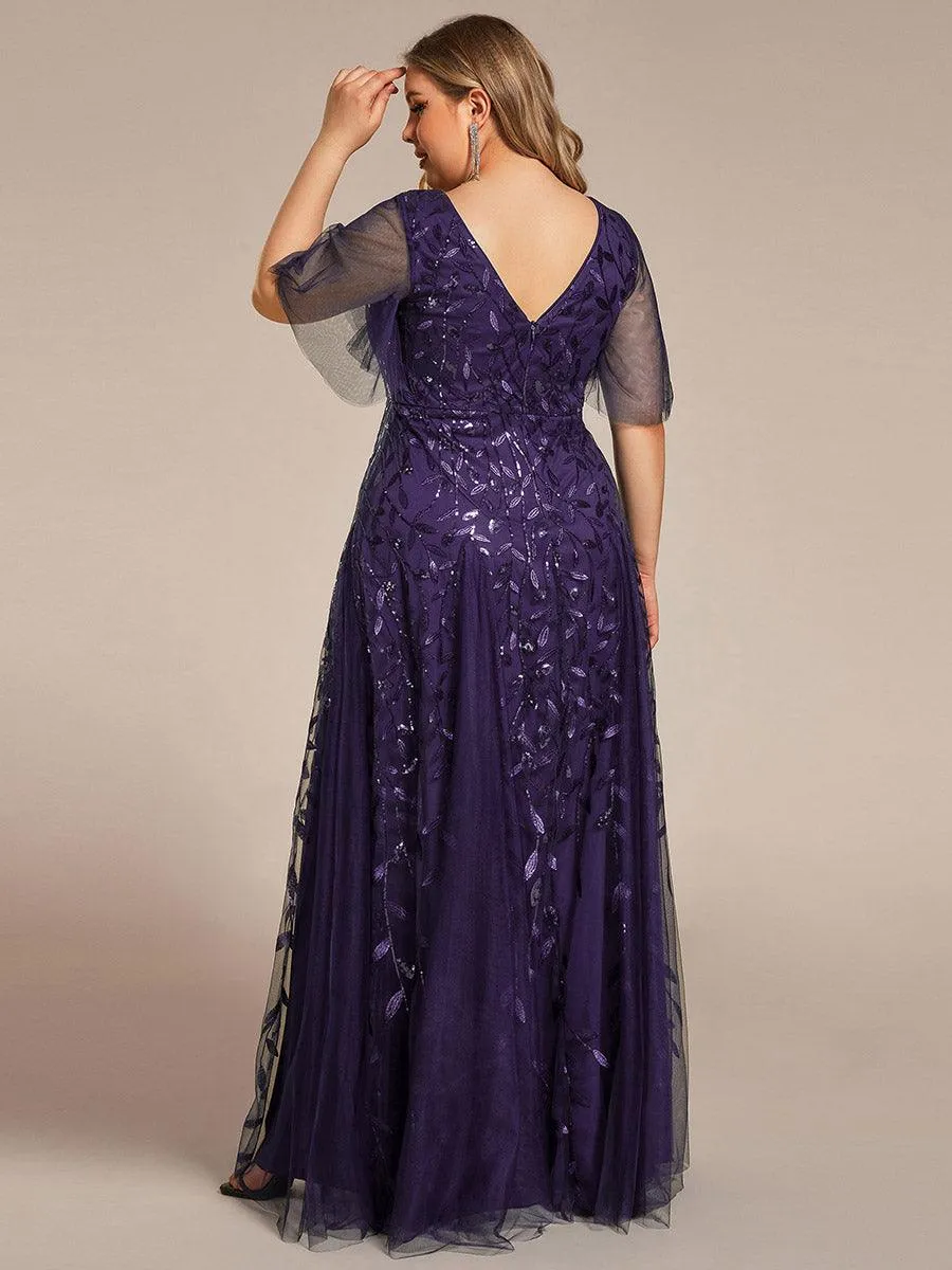 Grande Taille Robe de Soirée Longue Romantique et Scintillante à Col V et Pailletes