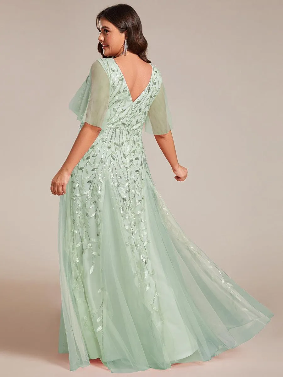 Grande Taille Robe de Soirée Longue Romantique et Scintillante à Col V et Pailletes