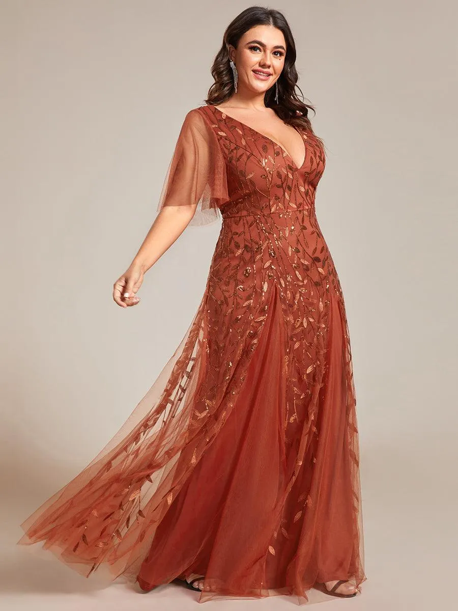Grande Taille Robe de Soirée Longue Romantique et Scintillante à Col V et Pailletes
