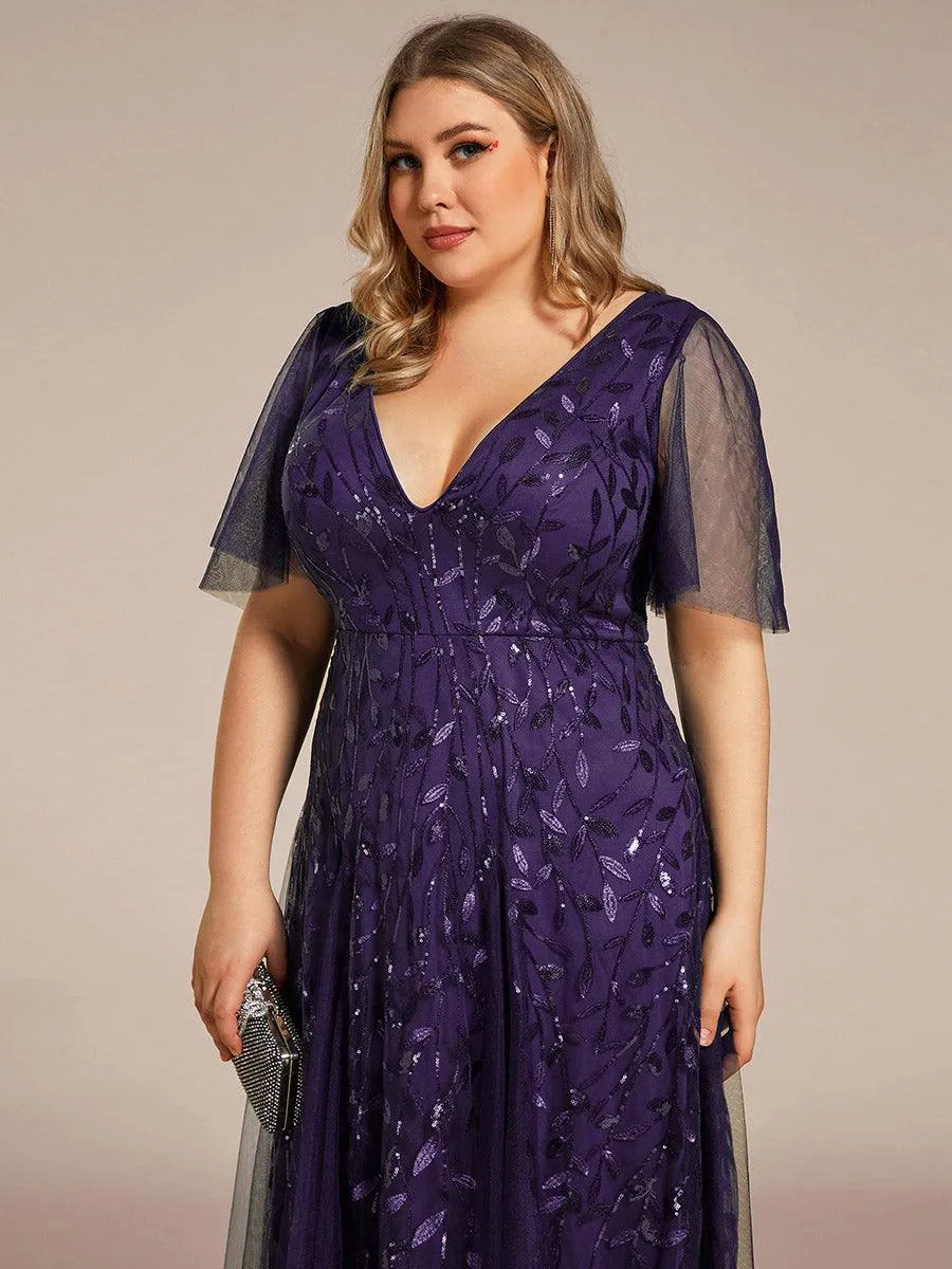 Grande Taille Robe de Soirée Longue Romantique et Scintillante à Col V et Pailletes