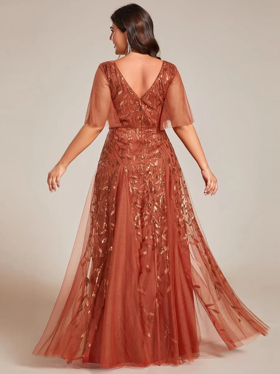 Grande Taille Robe de Soirée Longue Romantique et Scintillante à Col V et Pailletes