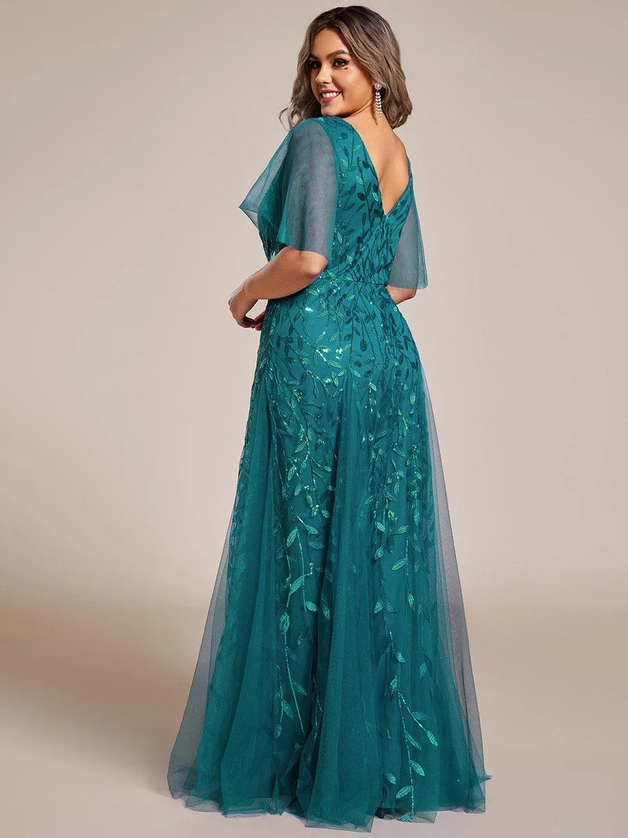 Grande Taille Robe de Soirée Longue Romantique et Scintillante à Col V et Pailletes