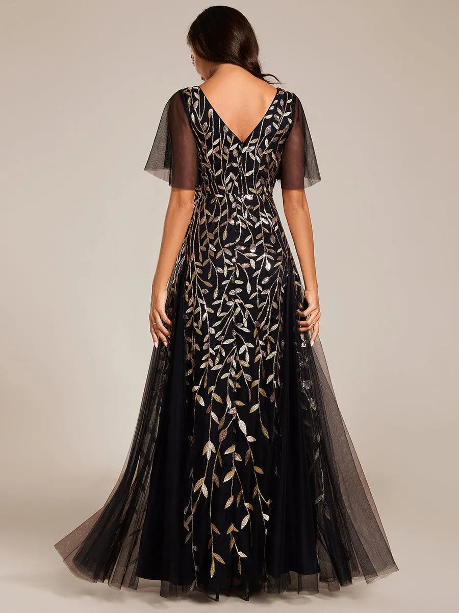 Grande Taille Robe de Soirée Longue Romantique et Scintillante à Col V et Pailletes