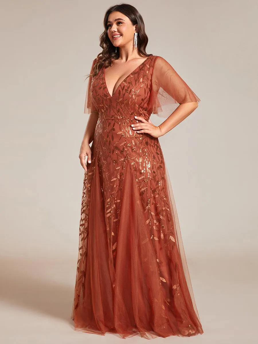 Grande Taille Robe de Soirée Longue Romantique et Scintillante à Col V et Pailletes