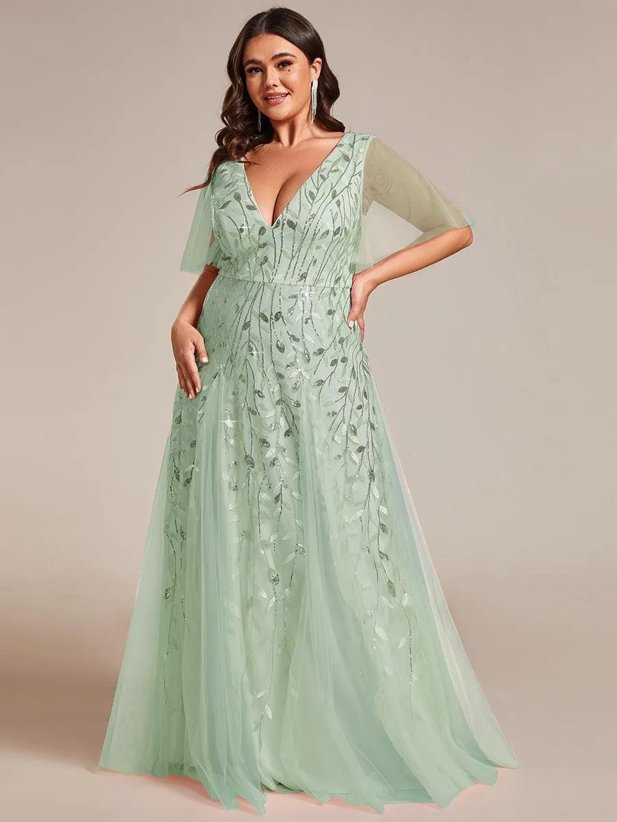 Grande Taille Robe de Soirée Longue Romantique et Scintillante à Col V et Pailletes