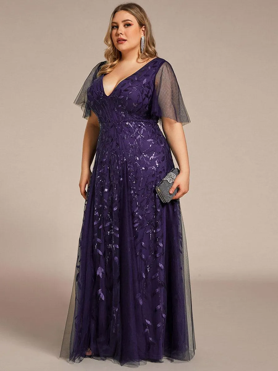 Grande Taille Robe de Soirée Longue Romantique et Scintillante à Col V et Pailletes