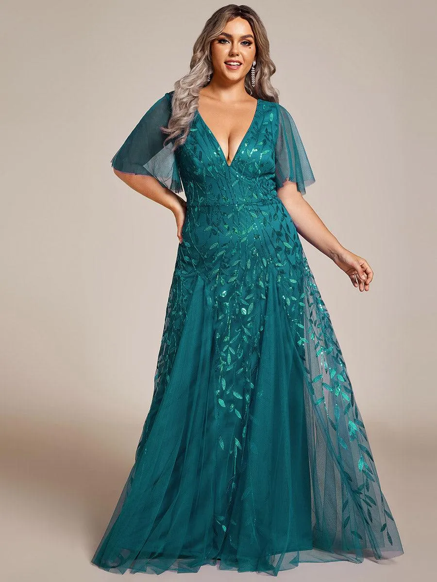 Grande Taille Robe de Soirée Longue Romantique et Scintillante à Col V et Pailletes