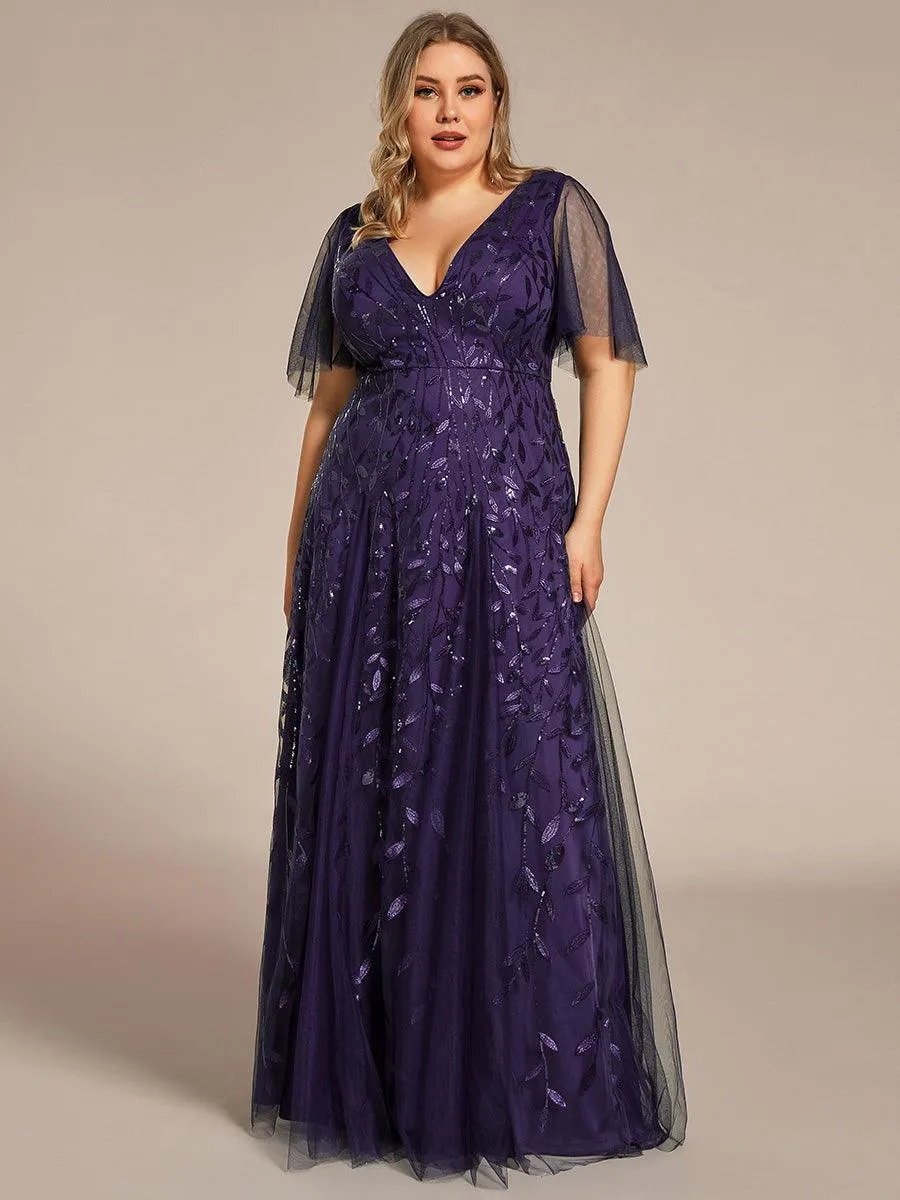 Grande Taille Robe de Soirée Longue Romantique et Scintillante à Col V et Pailletes