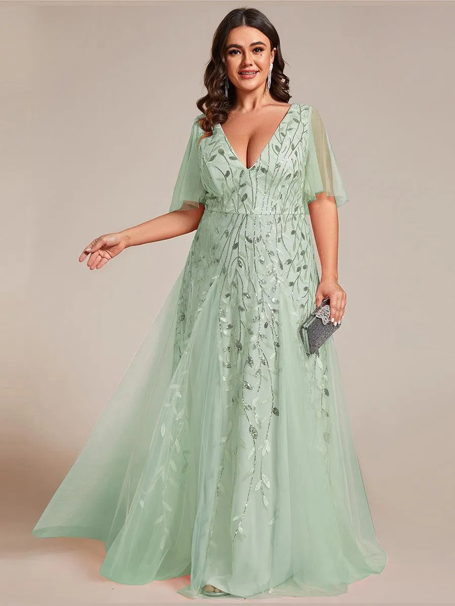 Grande Taille Robe de Soirée Longue Romantique et Scintillante à Col V et Pailletes