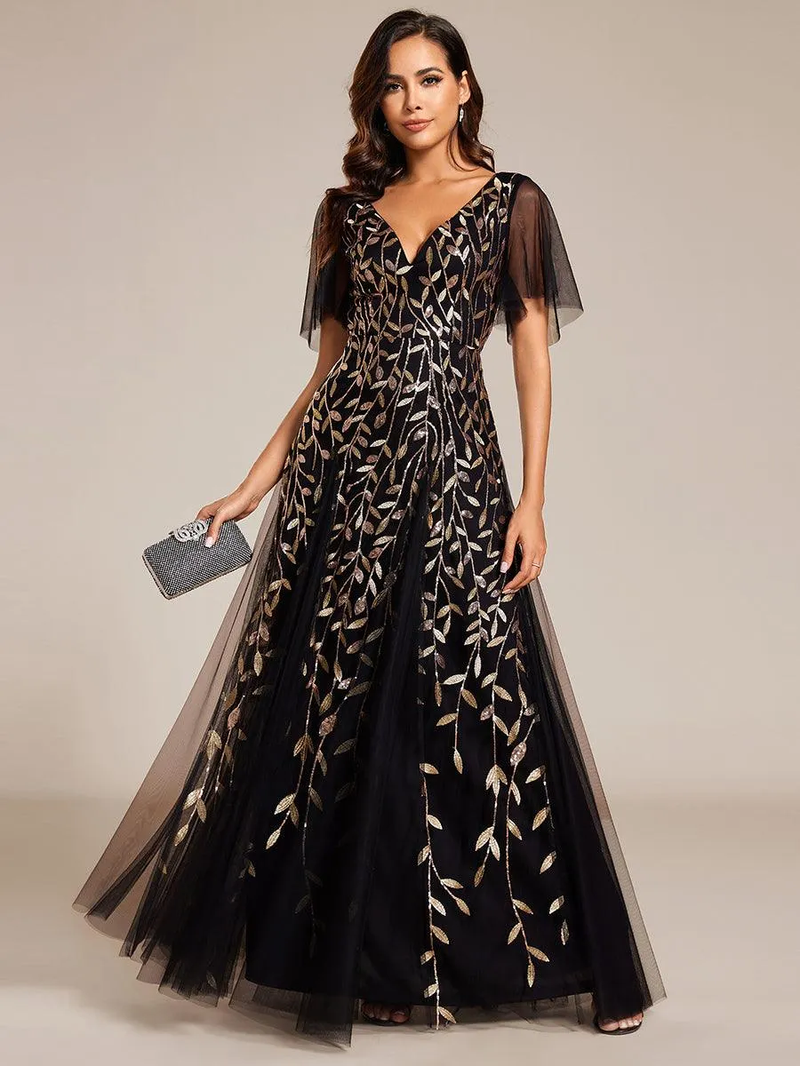 Grande Taille Robe de Soirée Longue Romantique et Scintillante à Col V et Pailletes