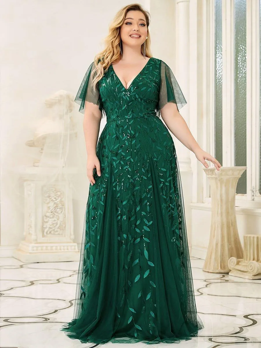 Grande Taille Robe de Soirée Longue Romantique et Scintillante à Col V et Pailletes