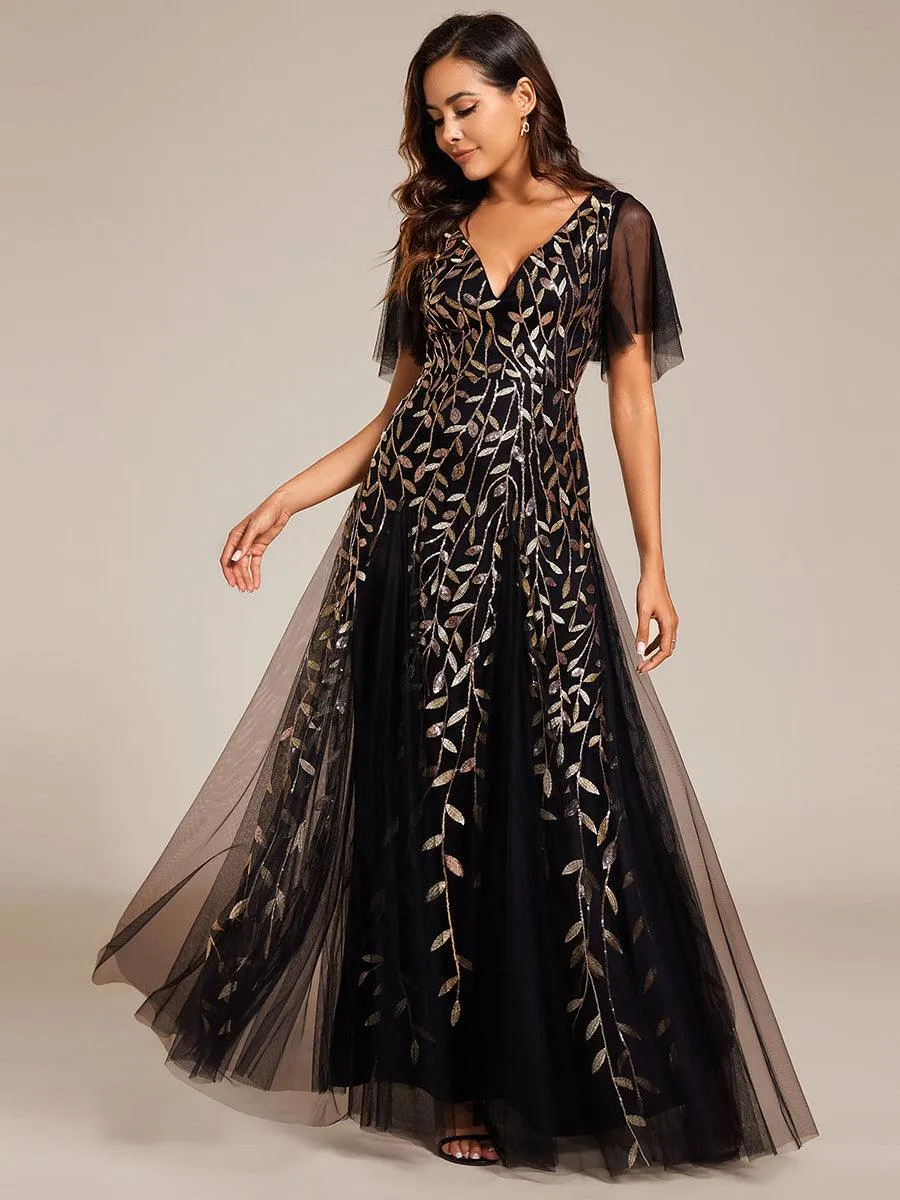 Grande Taille Robe de Soirée Longue Romantique et Scintillante à Col V et Pailletes