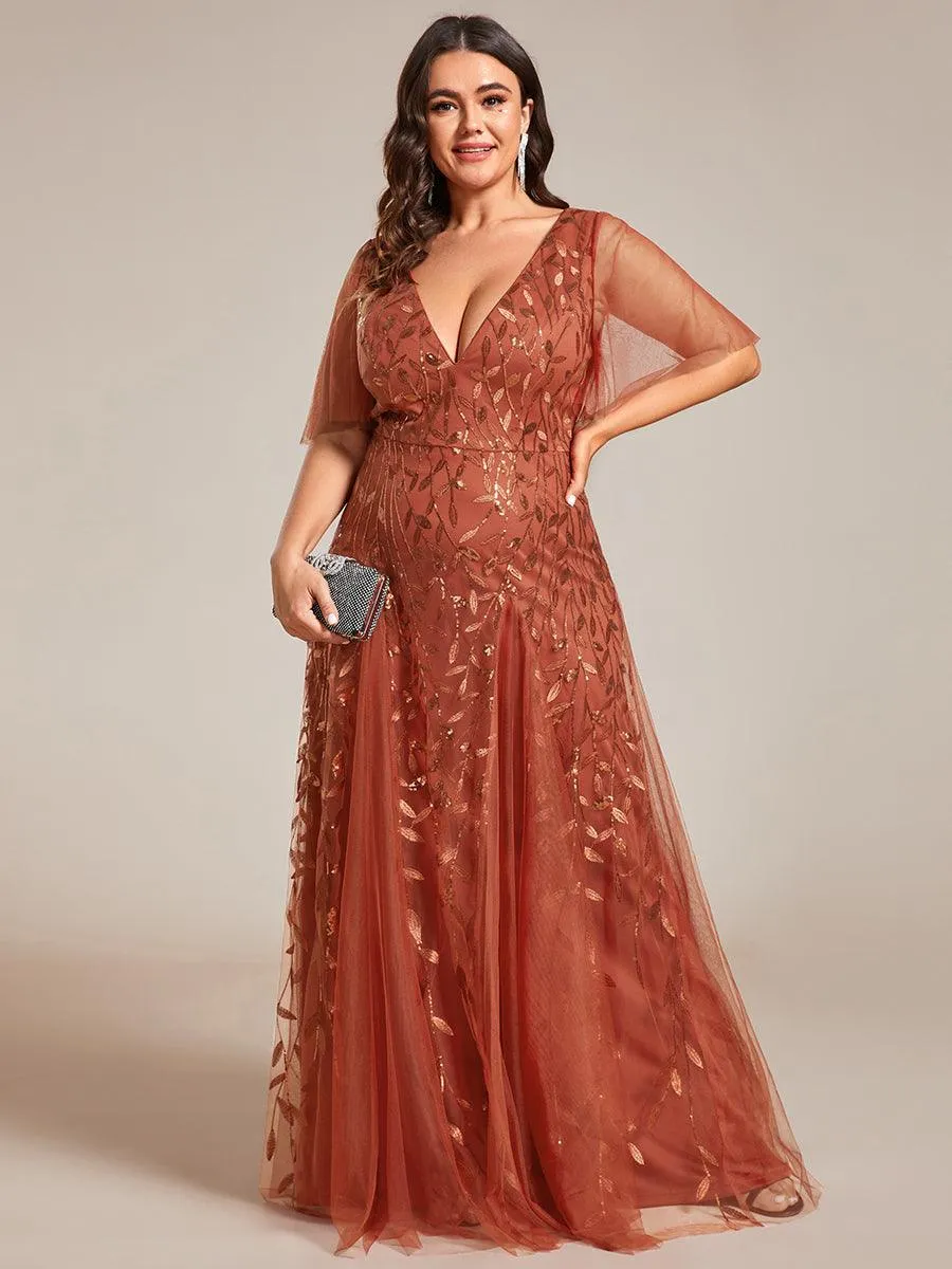 Grande Taille Robe de Soirée Longue Romantique et Scintillante à Col V et Pailletes