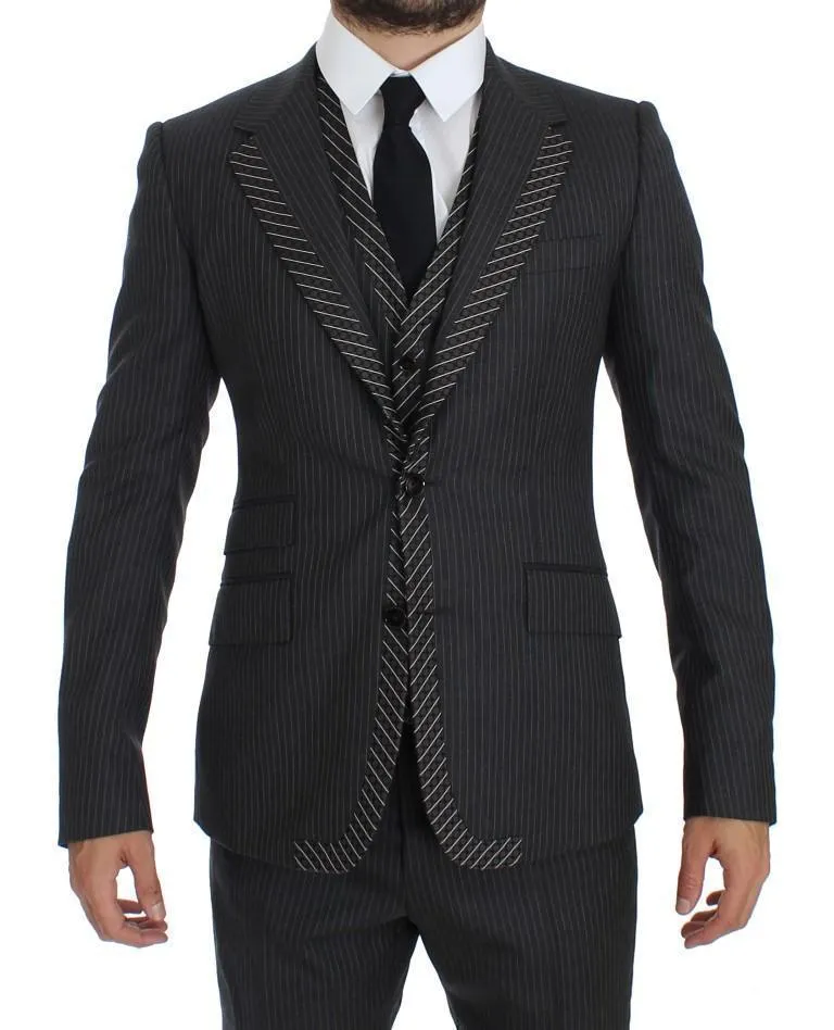 Gray Striped 3 Piece Slim Suit Tuxedo