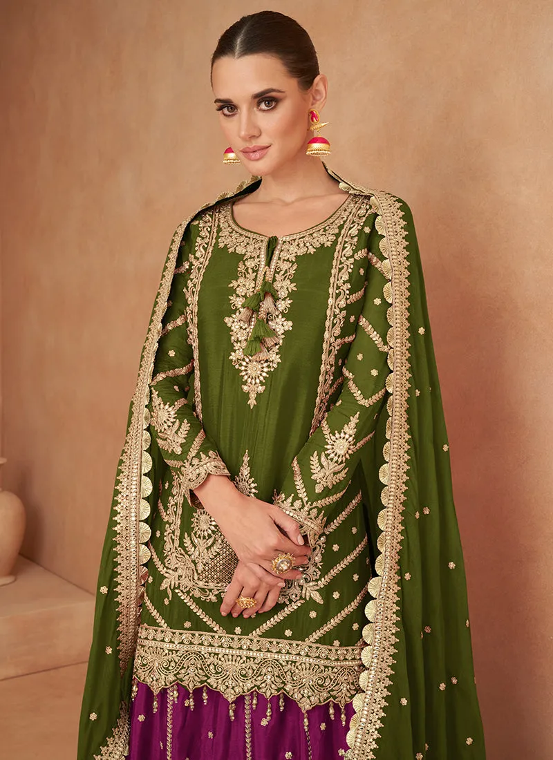 Green And Purple Embroidered Wedding Lehenga Kurti