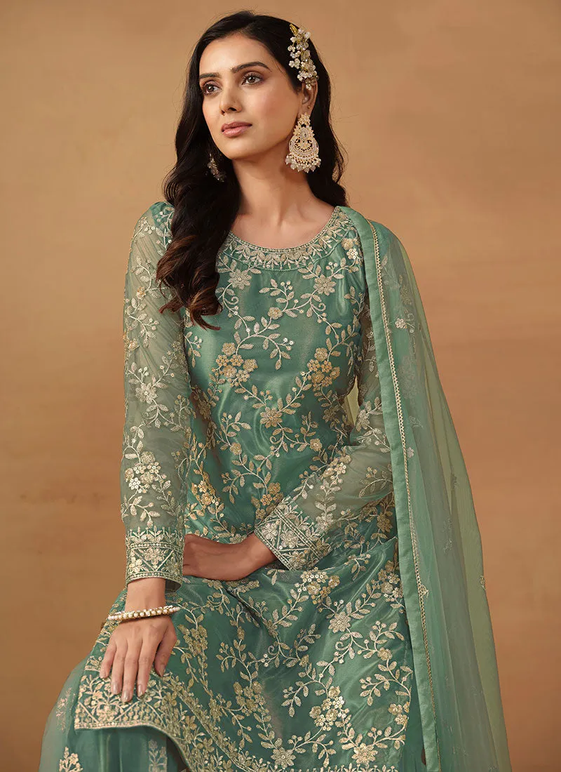 Green Embroidery Net Gharara Suit