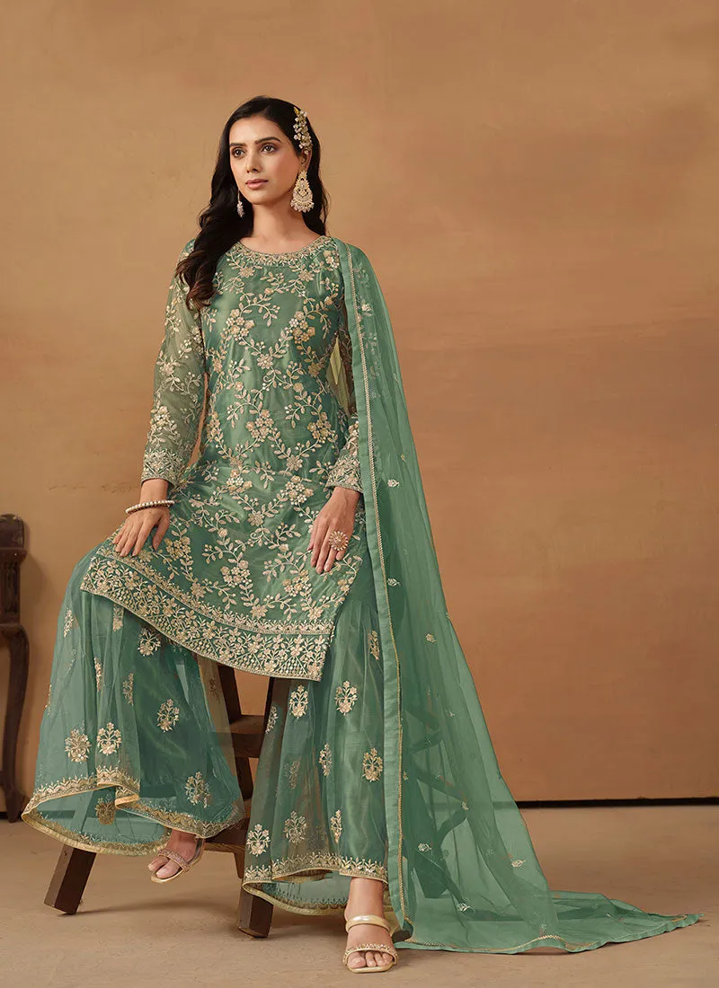 Green Embroidery Net Gharara Suit