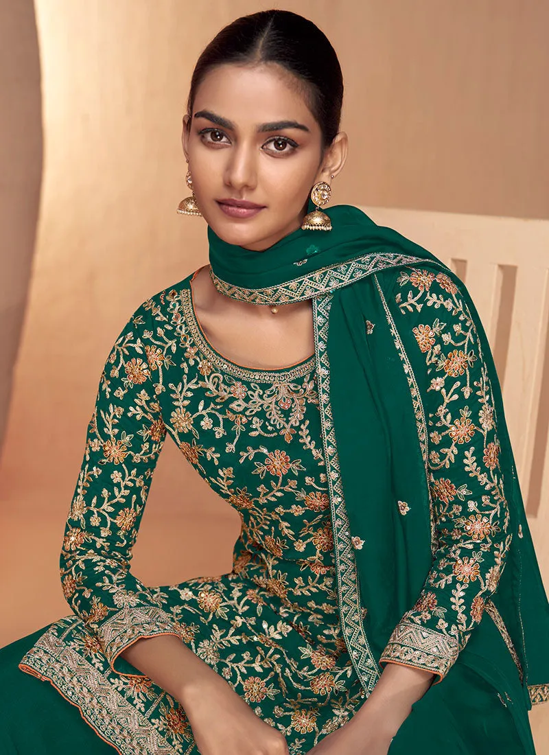 Green Multi Embroidery Gharara Style Palazzo Suit
