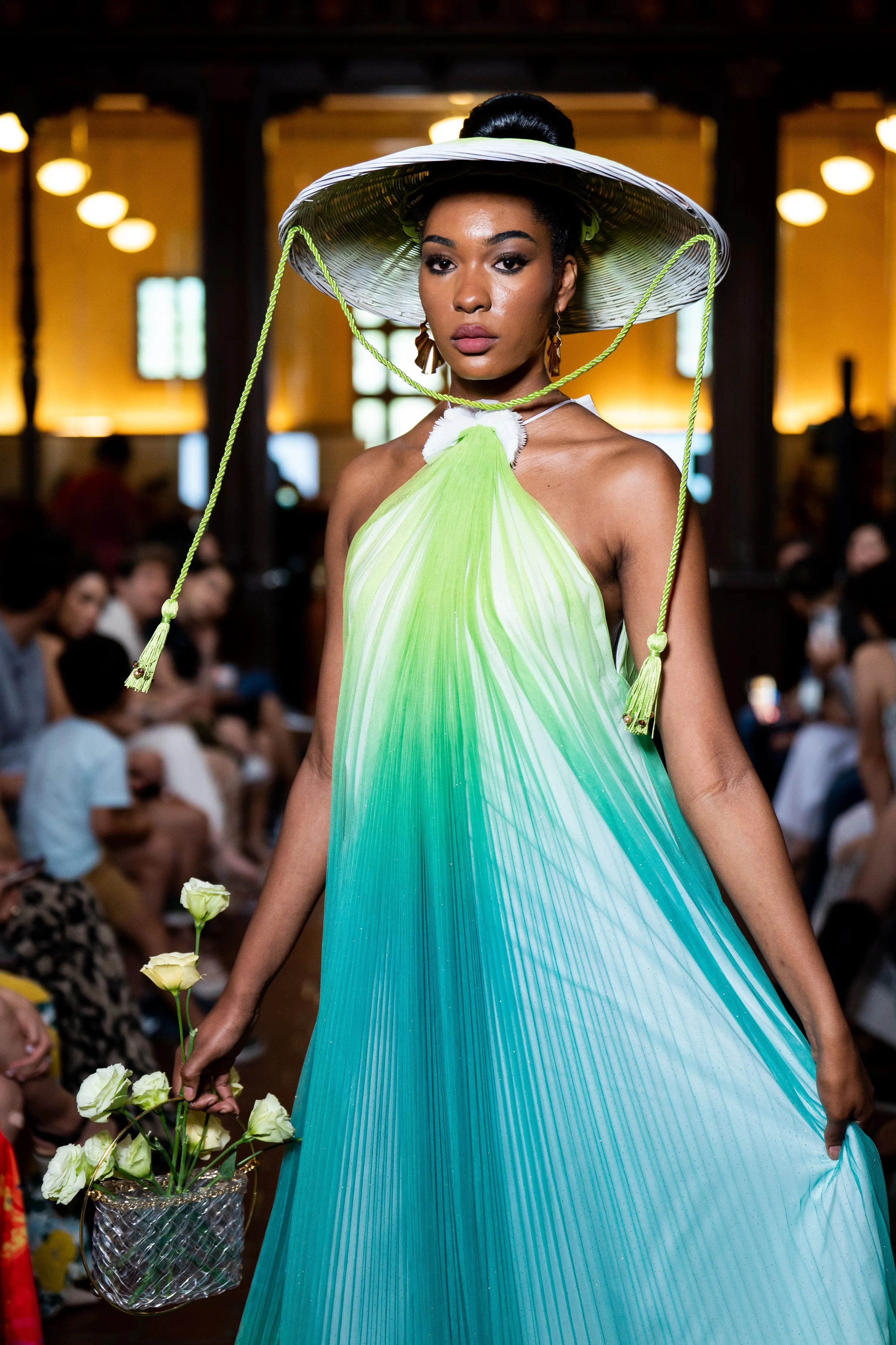 Green Ombre Tulle Sheer Halter Maxi Dress