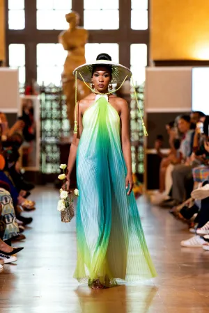 Green Ombre Tulle Sheer Halter Maxi Dress
