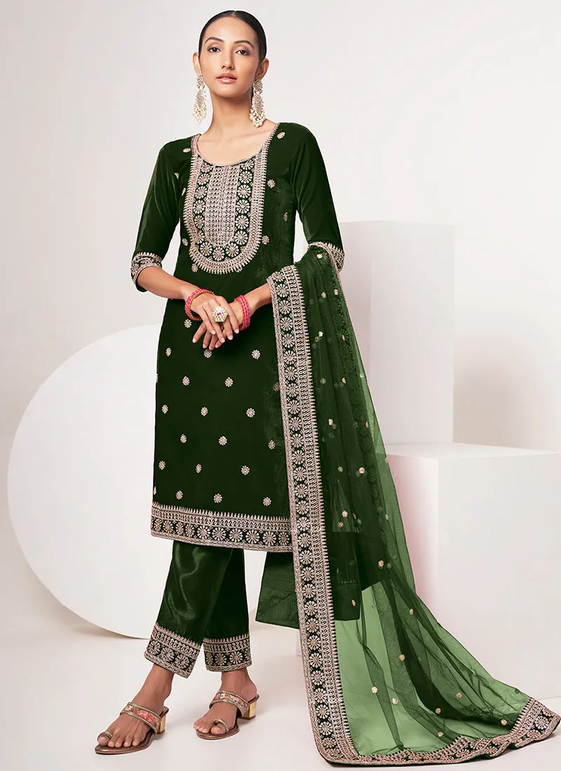 Green Traditional Embroidery Pant Style Suit