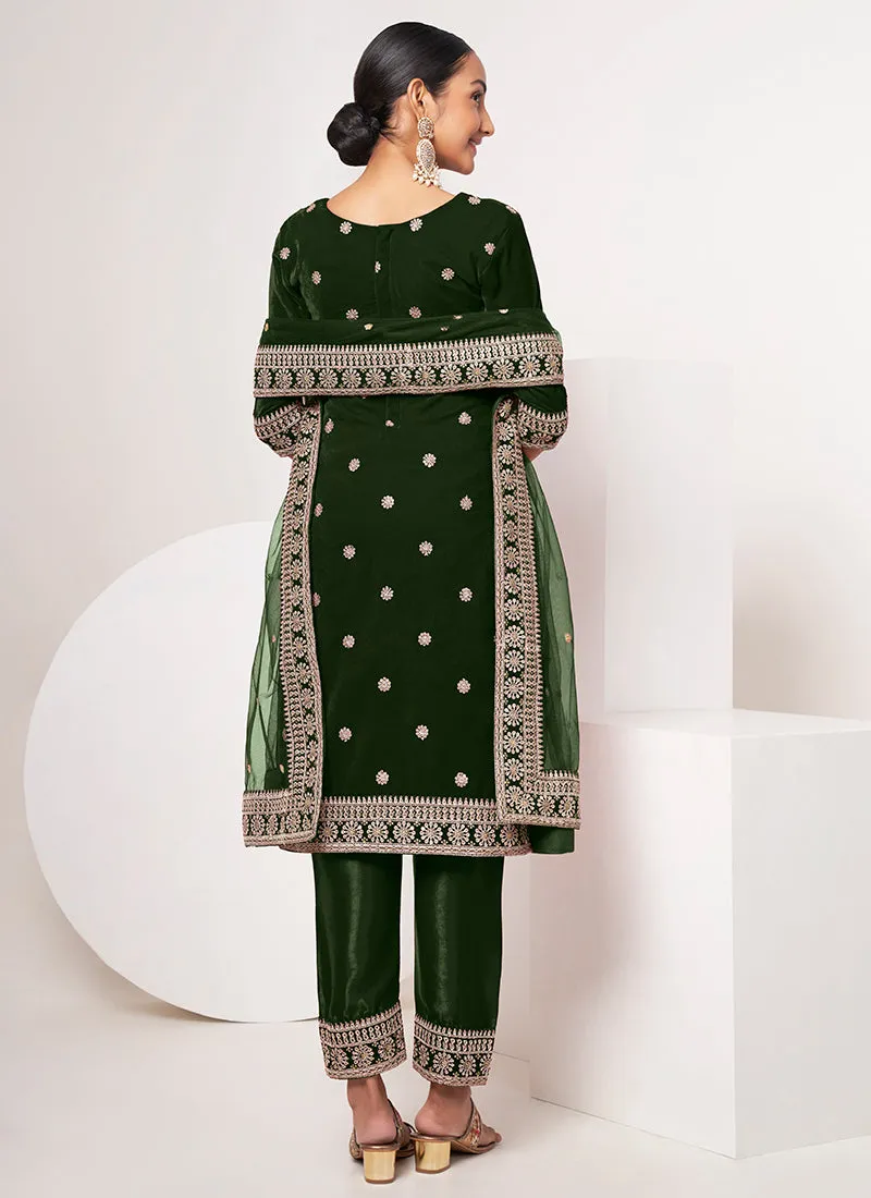 Green Traditional Embroidery Pant Style Suit