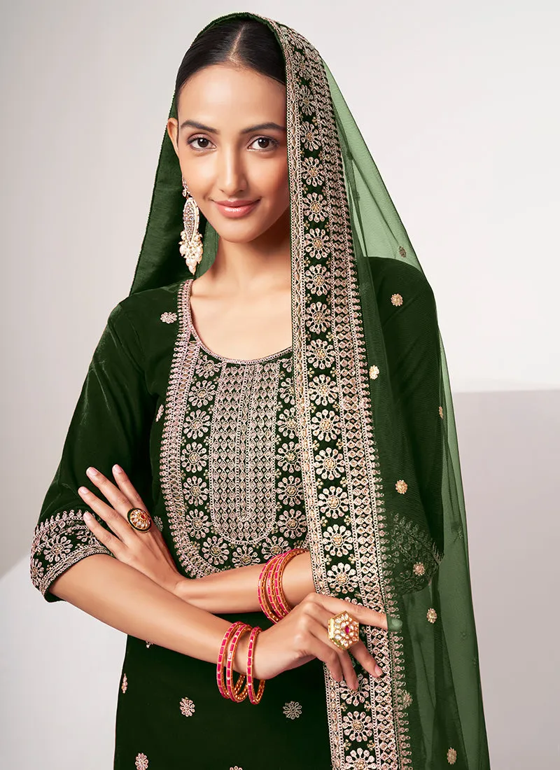 Green Traditional Embroidery Pant Style Suit
