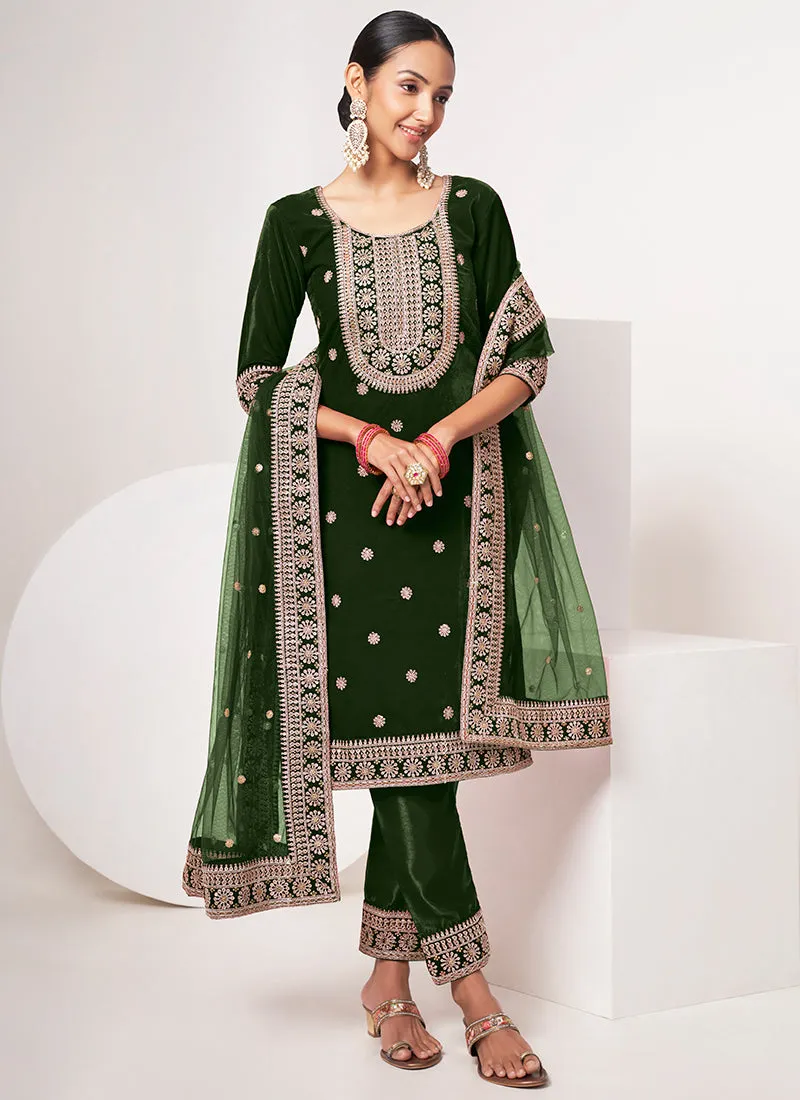 Green Traditional Embroidery Pant Style Suit