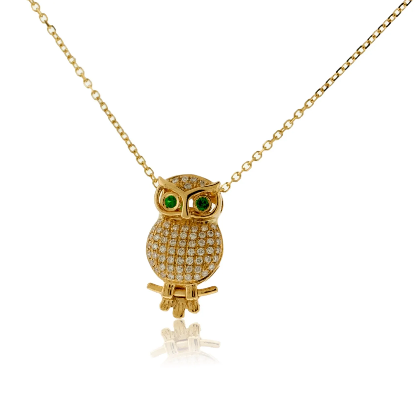 Green Tsavorite Garnet Eye & Diamond Owl Pendant