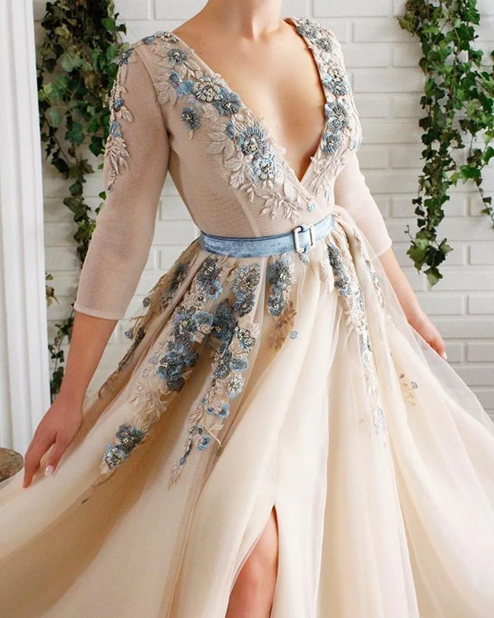 Half Sleeve Champagne Evening Dresses Elegant Split Evening Gowns Long Formal Dress Prom Gown For Woman